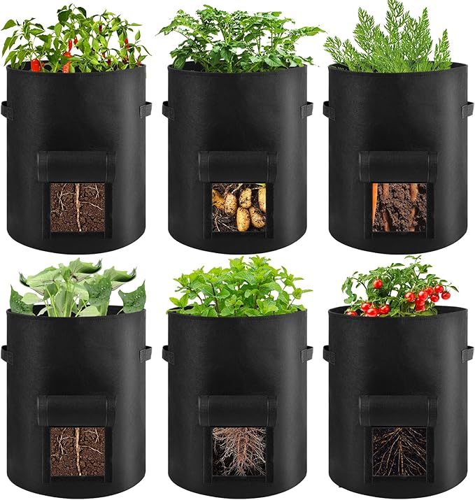 10 Gallon Potato Grow Bags,6 Pack Garden Planting Bag with Durable Handle and Harvest Window,Thick Nonwoven Fabric Planter Pot for Potato Tomatoes Carrots Vegetables and Fruits, Black
