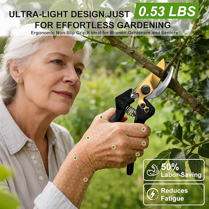 Pruning Shears for Gardening Heavy Duty Bypass Garden Shears With SK5 Steel Blade Professional Hand Pruners Clippers Sharp Scissors Tools for Weak Hands Yard Rose Flower Snip Trimming Plant Branches