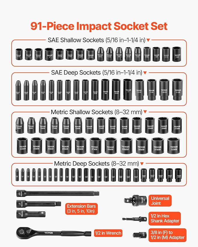 VEVOR 91-Piece 1/2" Drive Impact Socket Set, SAE (5/16" to 1-1/4") & Metric (8 to 32 mm), CR-V, Deep & Shallow, 6 Point, Ratchet Handle, Universal Joint, Adapters, Extension Bars (3, 5, 10 in)