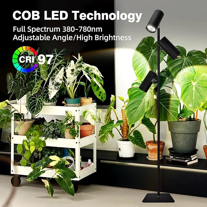 90W Dimmable Grow Light, Warm White Full Spectrum COB LED Triple-Head Floor Lamp with High CRI, 6/8/12H Timer, Adjustable Height (43"-83") & Angle – Standing Grow Lights for Indoor Plants