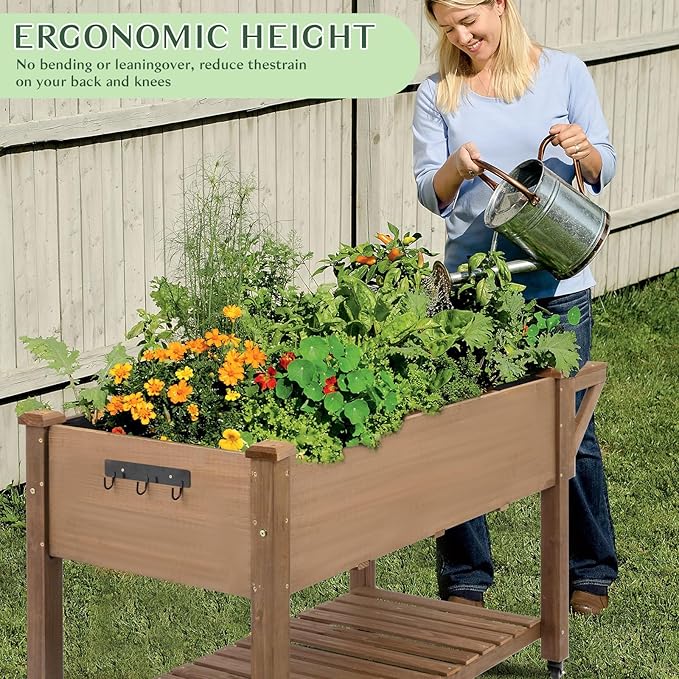 Raised Garden Bed Outdoor with Lockable Wheels, 55"x 24" x 33" Elevated Wood Planter Box for Backyard Balcony Patio , Garden Flower Beds with Drainage Holes & Storage Shelf, Gift for Gardening, Brown