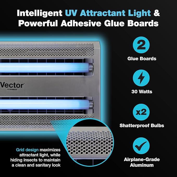 Catchmaster Vector 30 Silver, UV Light Fly Traps Indoor for Home, Gnat Traps for House Indoor, Electric UV Lamp Insect & Mosquito Killer, Silent Bug Light for Kitchen, Shed, Garage
