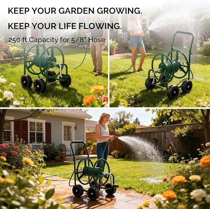 VINGLI 4-Wheel Garden Hose Reel Cart with Storage Basket, Portable Residential Hose Reel Cart, Lawn Watering, for Garden Backyard and Farm (Green 250FT)