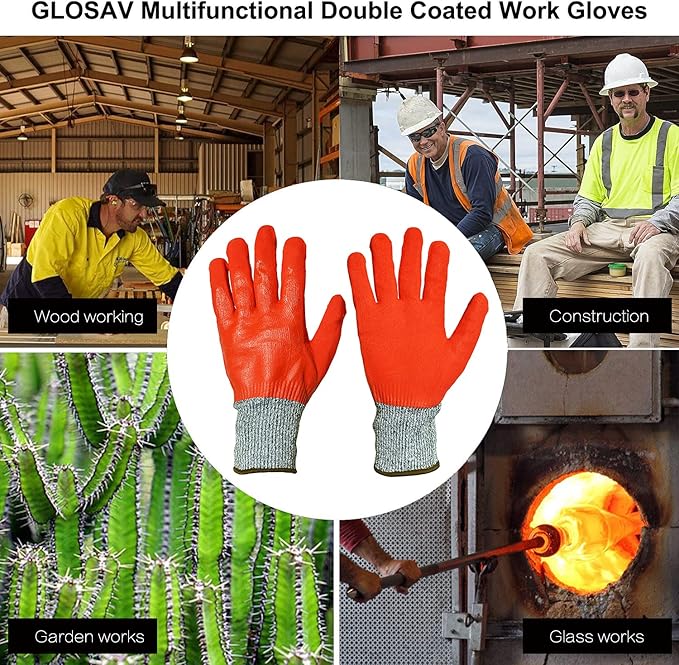 Durable Gardening Gloves for Men, Heavy Duty Nitrile Garden Gloves, Double Coated Work Gloves, Cut Resistant, Puncture Proof, Touch Screen (Red, Medium)