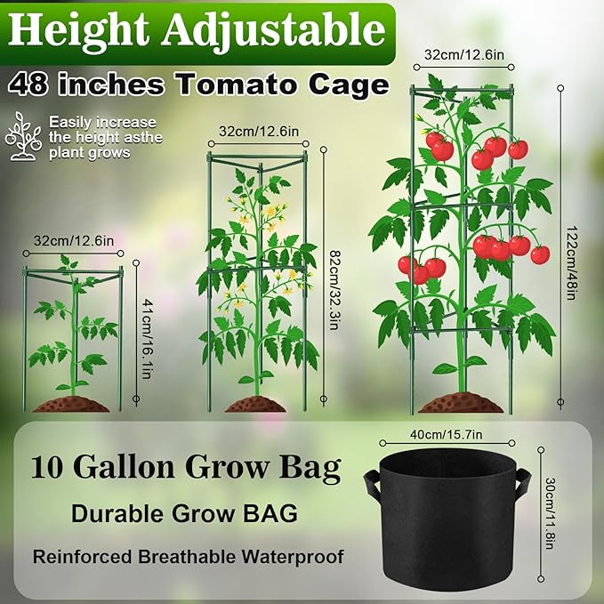 NNG 2 Packs 48 inches Tomato Cages with 10 Gallon Grow Bags,Garden Plant Support Cages,Plant Tower Stakes Garden Trellis for Climbing Plants,Tomato Plant Trellis for Vegetable Fruits Vines