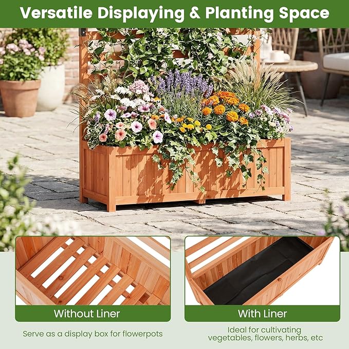 HAPPYGRILL Raised Garden Bed with Trellis, 59" Tall Wooden Elevated Planter Box w/Liner, Drainage, Detachable Base Panel for Climbing Plant Vine Flower, Outdoor Planter w/Trellis for Patio (2)