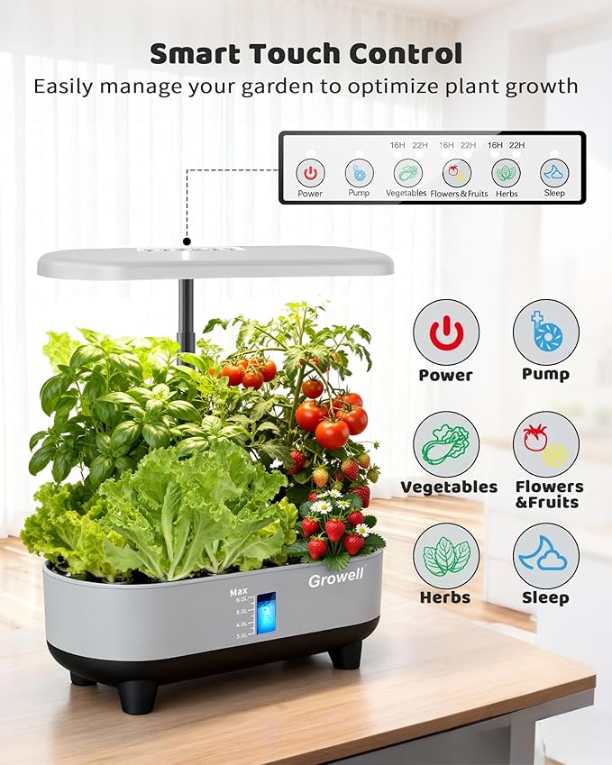 Hydroponics Growing System Kit, 16 Pods, Vertical 8L Indoor Gardening System for Herb Vegetable Fruit, with LED Grow Light, Smart Water Circulation, 3 Light Modes & 2 Timer, Gray