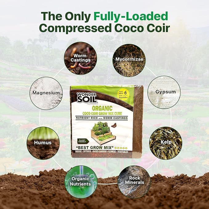 WONDER SOIL | (72 Quarts) The Only Ready to Plant Compressed Coco Coir Fully Loaded with Nutrients | Organic Coco Coir Brick/Block | 10 LBS Block Expands to 72 Quarts | Incl Worm Castings & Nutrients