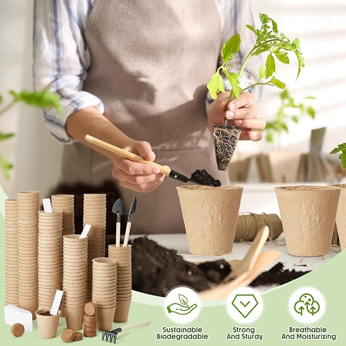 Layhit 300 Pcs Seed Starter Plant Pots Kit, Compressed Coir Fiber Potting Soil, 2.36 Inch Nursery Pots, Small Seed Starting Starter Tray Bulk, Garden Germination Container Set with Planting Labels