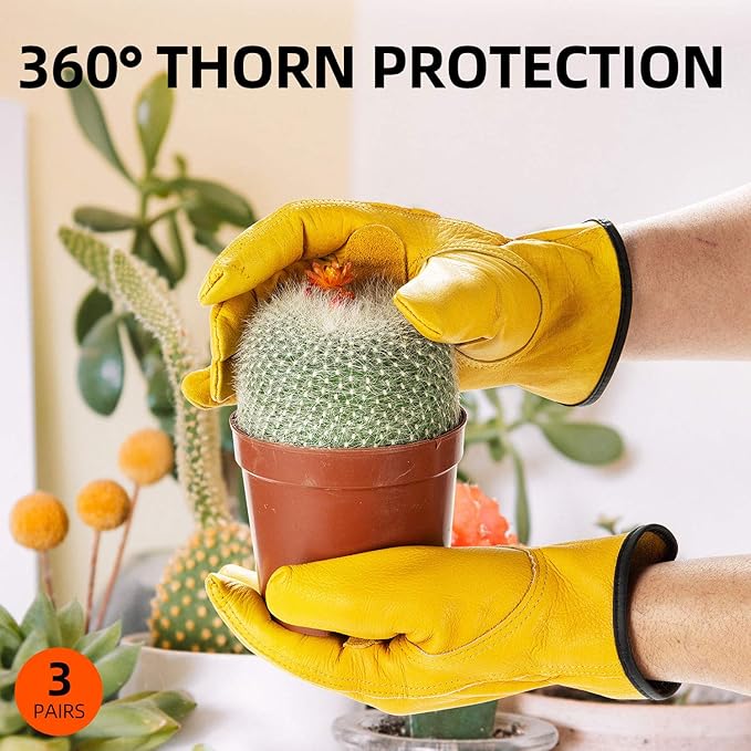 Vgo... 3-Pairs Unlined Cow Grain Leather Work and Driver Gloves with Cow Split Leather Palm Patch (Size XL, Gold,CA9590)