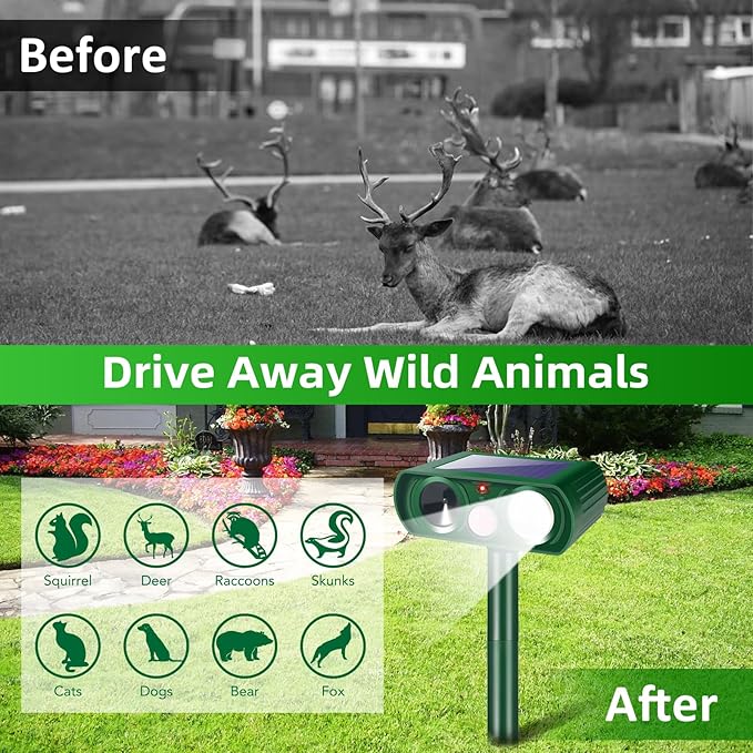 4 Pack Solar Ultrasonic Cat Deer Dog Possum Skunk Rodent Repellent Keep Pest Away Motion Activated with Flash Light for Yard Garden,IP65 Waterproof Squirrel Racoon Fortress Pro Animal Repeller Outdoor