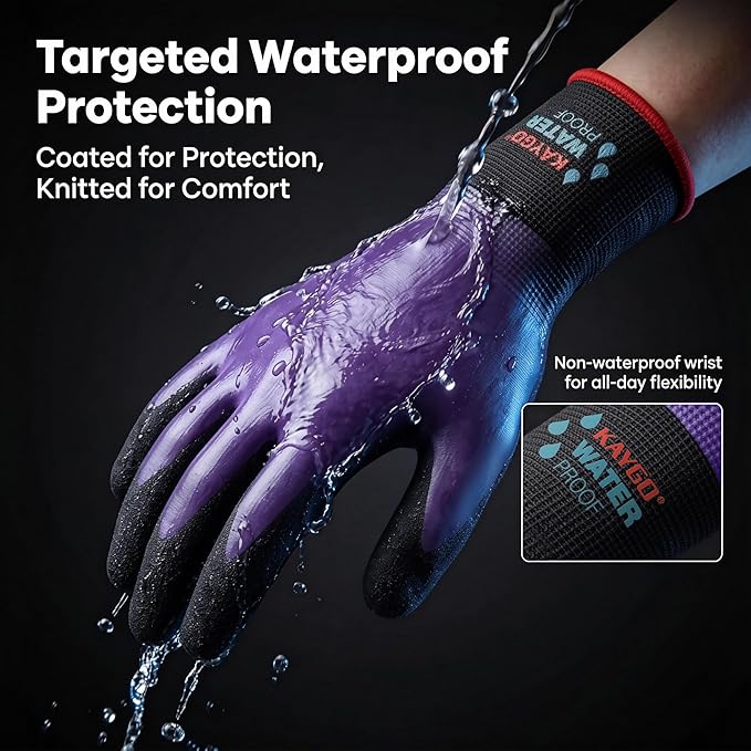 KAYGO Waterproof Work Gloves for Men and Women, Rubber Coated Non-slip Working Gloves for Garden, Outdoor Construction,KG150,Purple,S
