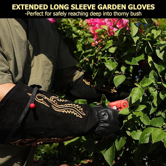 Long Leather Thorn Proof Gardening Gloves for Women/Men, Great for Rose Pruning, Cactus Handling, Weeding, Heavy Duty Gauntlet, Garden Gifts for Gardener (Western Style, Medium)