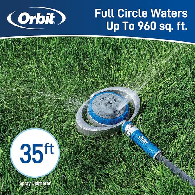 Orbit Metal 8-Pattern Turret Sprinkler – Adjustable Spray, Weighted Base, Covers Up to 35 ft (28252)