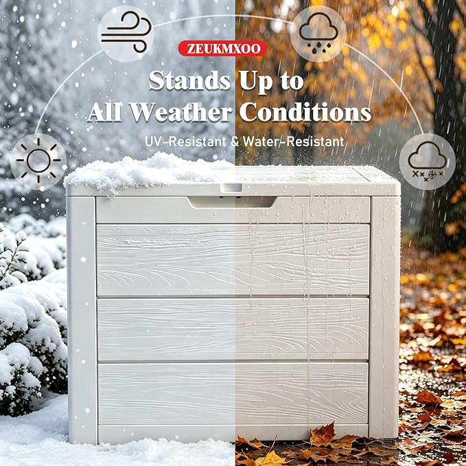 35 Gallon Deck Box, Lockable Waterproof Resin Storage Box for Patio, Indoor & Outdoor Use, for Cushions, Accessories, Package Delivery & Garden Tools (White)