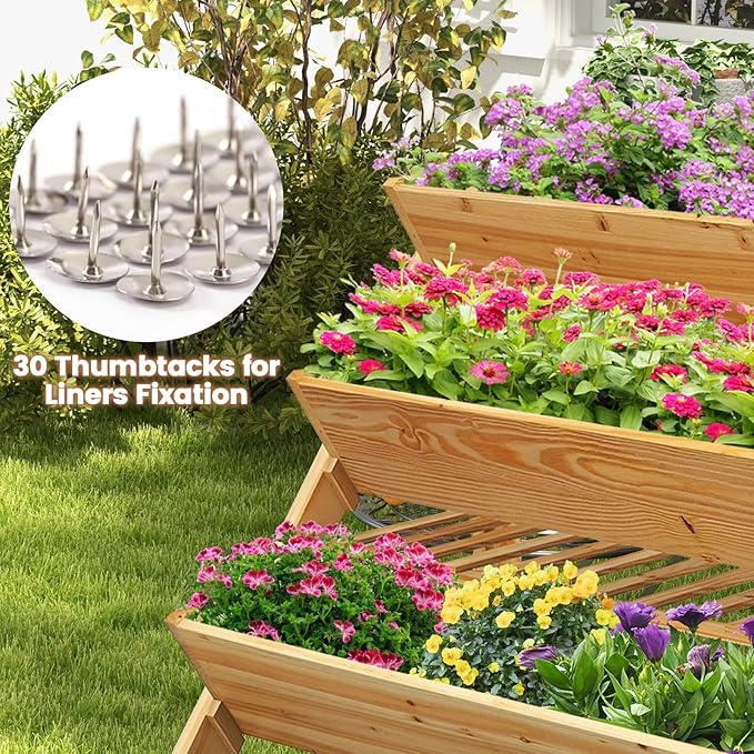 3-Tier Raised Garden Bed, Elevated Gardening Bed w/2 Side Hooks, Storage Shelf, Bed Liner, Garden Planter for Flowers, Vegetables, Herbs, Pine Wood Planter Box for Patio, Balcony, Porch