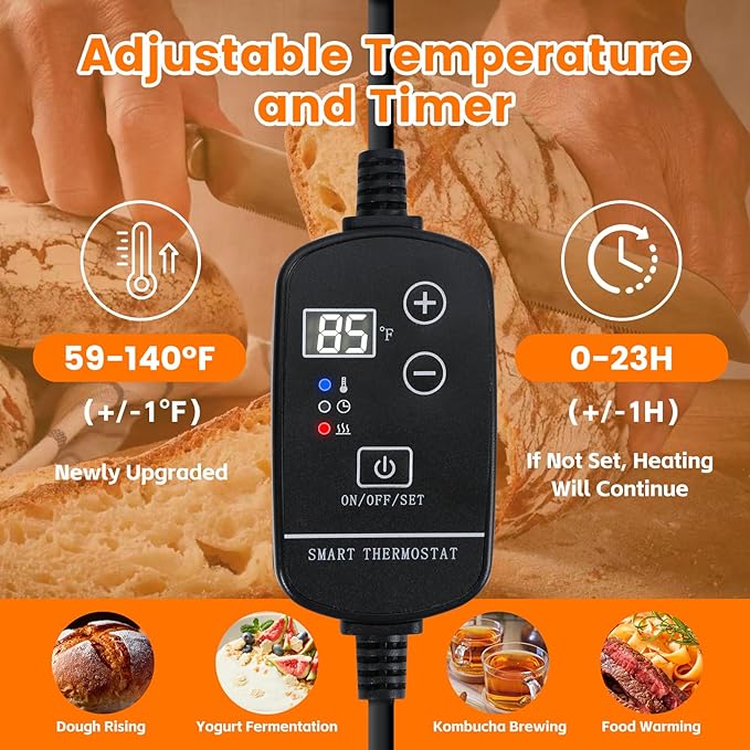 Bread Proofing Warming Mat for Sourdough, Sourdough Warming Mat - 59-140°F Adjustable Thermostat Electric Dough Riser Heating Mat, Dough Mat Heated (10" x 21") - XL Bread Proofing Mat
