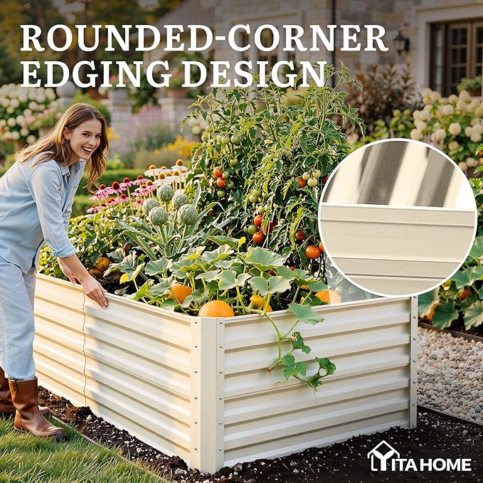 YITAHOME 6x3x2ft Large Raised Garden Bed Kit, Galvanized Metal Planter Box with Gloves, Support Rod, Outdoor Above Ground Planters for Plants, Vegetables, Flowers, Cream Yellow
