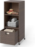RELAX4LIFE Wicker Outdoor Storage Cabinet - Rattan Pool Towel Rack on Wheels w/Shelves and Drawer, Tall Patio Furniture Outside Caddy Organizer for Porch Deck, Garden Tool & Hot Tub Accessory Storage