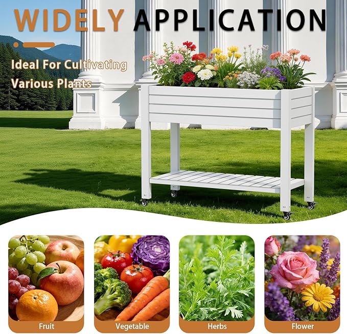 EasyUp 21 Gallon Elevated Raised Garden Bed with Storage Shelf & Lockable Wheels, Weatherproof Mobile Planter for Patio, Balcony, Vegetables & Flowers (Ashen)