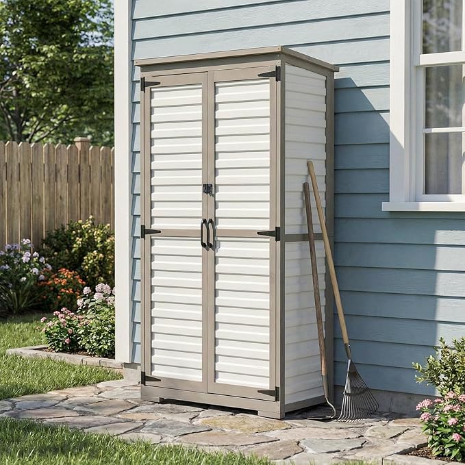 PetsCosset Outdoor Storage Cabinet with Shelves, Wood & Plastic Garden Shed, Weatherproof Outside Tool Cabinet for Patio, Backyard, Pool