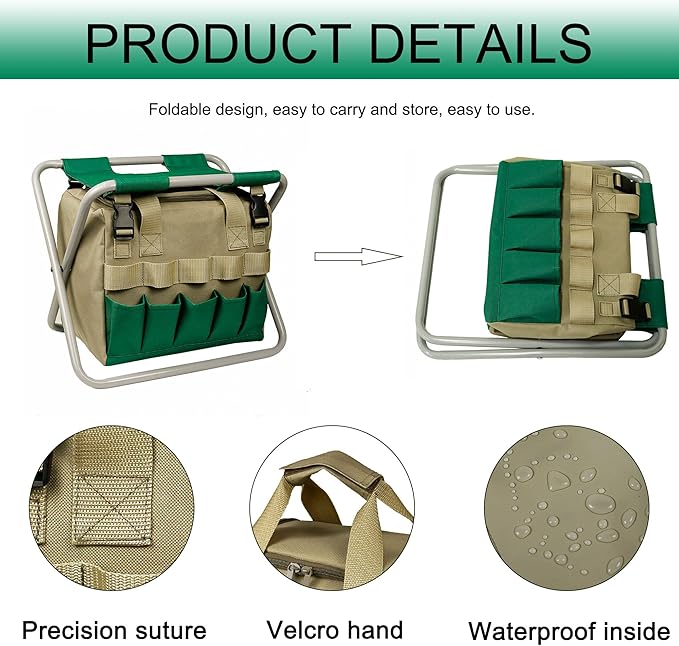 Folding Gardening Stool with Detachable Storage Tote Bag, Portable Garden Seat for Elderly Seniors, Heavy Duty Garden Chair for Gardening, Fishing, Camping, Outdoor & Indoor Use (Green+Khaki)
