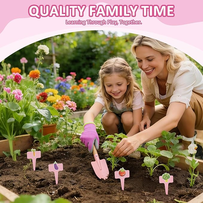 Cossy Kids Gardening Set, 13PCS Garden Tool Kit for Kids and Toddlers Boys Girls, Includes Tote Bag, Watering Can, Shovels, Rake, Kids Gardening Gloves, Apron and More, Pink