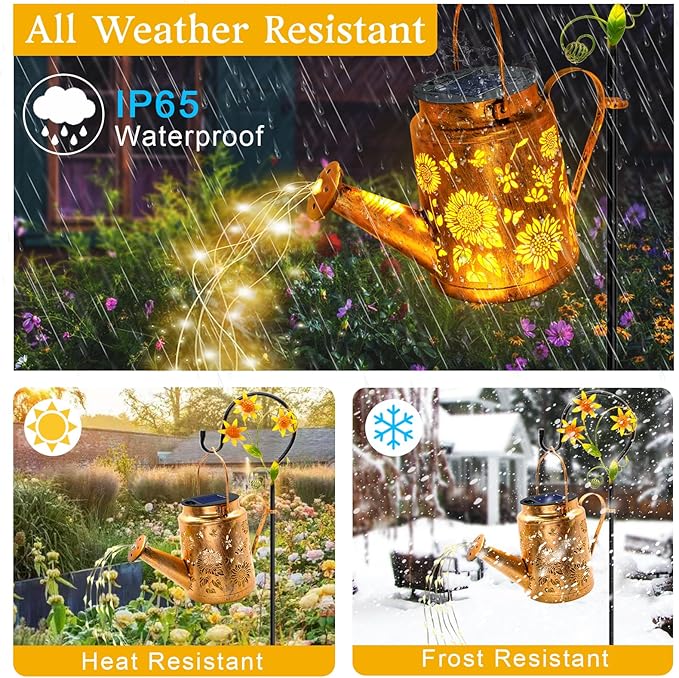 Solar Lights Outdoor Waterproof, Sunflower Solar Watering Can Lights with Shepherd Hook, Birthday Gifts for Mom Grandma Women Mother's Day, Metal Hanging Lantern Garden Decor Yard Outside Patio Lawn
