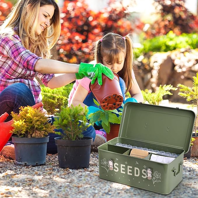Seed Storage Organizer, Seed Saving Box with Lid, Metal Seed Bin Seed Packet Container with 50 Seed Envelopes 60 Transparent Bottles 1 Funnel 1 Marker Pen 4 Compartments Box with Locks, Green