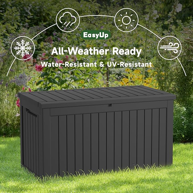 EasyUp 280 Gallon Outdoor Storage Box Waterproof, UV Resistant Resin Deck Box with Hydraulic Rod, Reinforced Stability for Patio, Garden,Striped Black