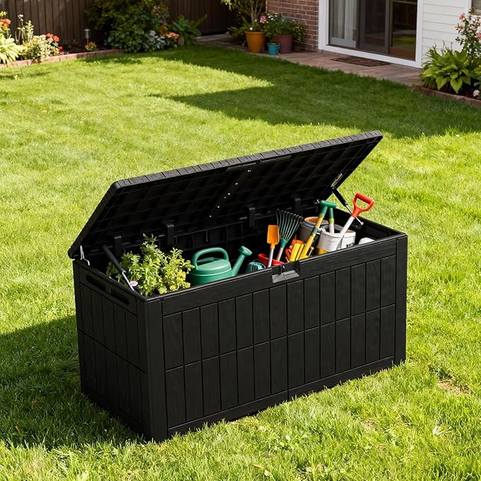 100 Gallon Outdoor Storage Box, Black Resin Deck Box, Lockable, Weather-Resistant, 48x24x21 in, for Cushions, Pool Accessories, Garden Tools