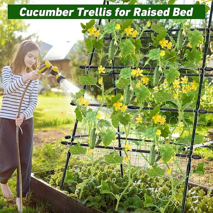 6ft Cucumber Trellis for Raised Bed, Garden Trellis for Climbing Plants Outdoor, A Frame Metal Trellis Support with Net for Vegetables Tomato Zucchini Squash Beans Peas Melons, Rose Flowers,Vines