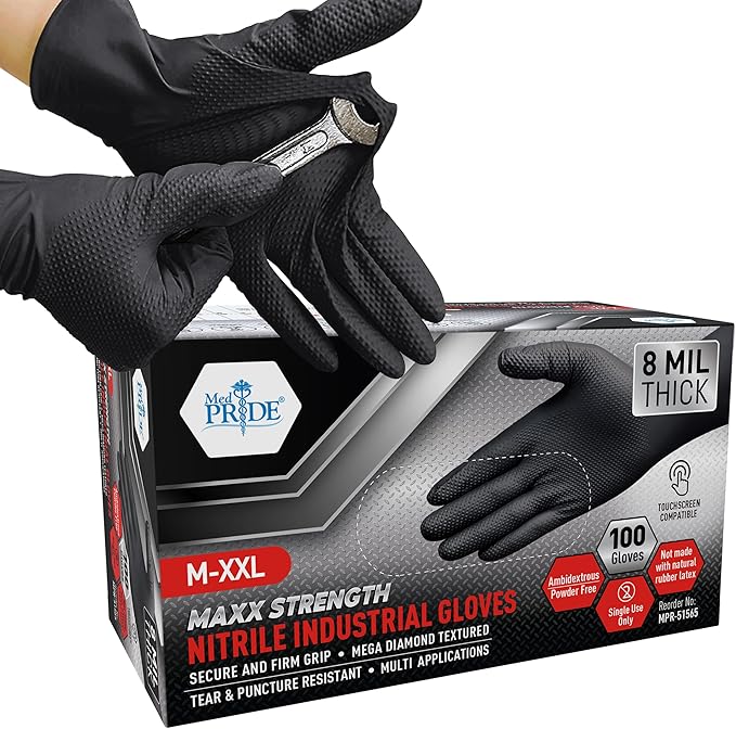MED PRIDE Maxx Strength Nitrile Industrial Black, 8 Mil Thick - Diamond Texture Disposable Heavy-Duty, Tear-Resistant