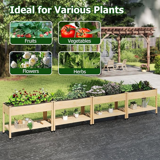 Giantex Mobile Raised Garden Bed, Wood Planter Box with Wheels, Storage Shelf & Liner, 47”x23”x33” Rolling Raised Bed for Indoor Outdoor Plants, Vegetables Flower Herbs Fruit Gardening