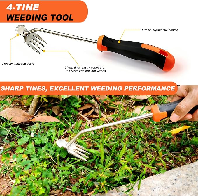 3-Piece Garden Weeder Tool Set, Rubber Grip Hand Weeder, 4-Tine Uprooting Puller & Crevice Weeder, Portable Weeding Artifact for Backyard, Vegetable Garden & Farm