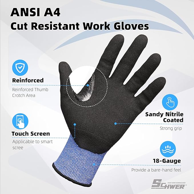 Schwer 6 Pairs ANSI A4 Cut Resistant Work Gloves with Extreme Lightweight & Thin, Sandy Nitrile Touchscreen Safety Working Gloves with Grip, 3D-Comfort Fit, Flexible and Breathable, L, AR3900