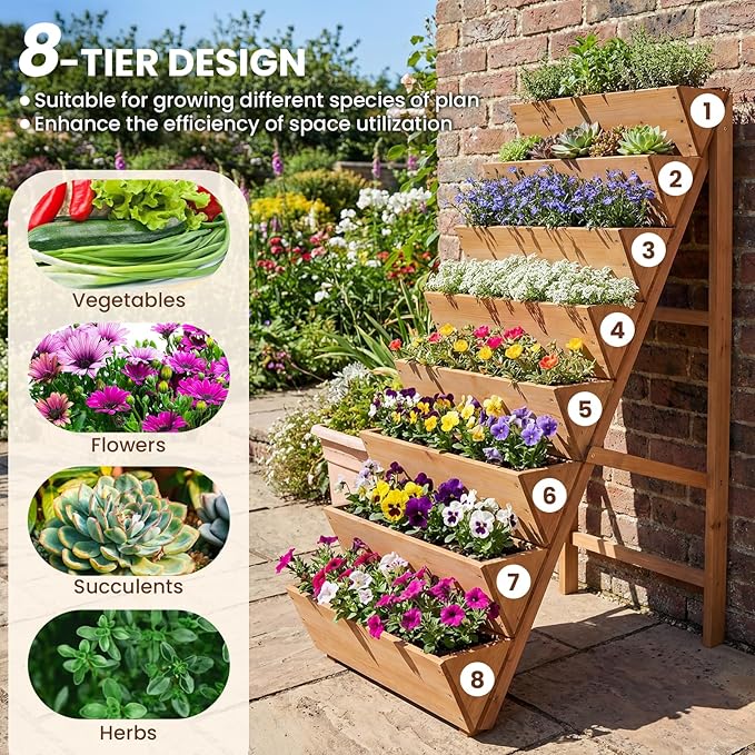 HAPPYGRILL Vertical Raised Garden Bed, Freestanding Wood Elevated Planter Box w/Legs for Growing Vegetables Flowers Herbs, Indoor Outdoor Tiered Plant Stand for Patio Yard Balcony Corner (1,8-Tier)