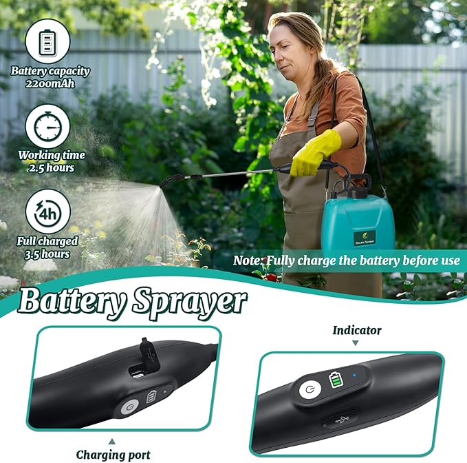 1.35 Gallon Battery Powered Sprayer, Electric Garden Sprayer with Rechargeable Handle, 3 Mist Nozzles, Retractable Wand, Water Pump Sprayer with Adjustable Shoulder Strap for Yard, Lawn and Garden