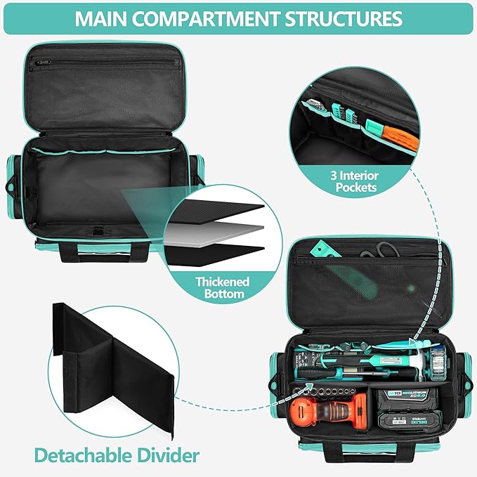 Tool Tote Bag for Women, Tool Storage Organizer with Anti-friction Bottom, Tactical Range Bag for Electrician, Carpenters, Repairman, Turquoise