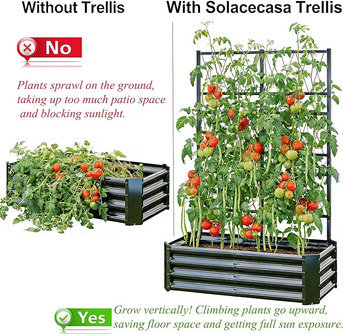 Galvanized Raised Garden Bed with Trellis for Climbing Plants Outdoor,Metal Vertical Garden Planter Box with Trellis,Heavy Duty Elevated Garden Bed for Vegetables Tomatoes Cucumbers Flowers Herb,Black