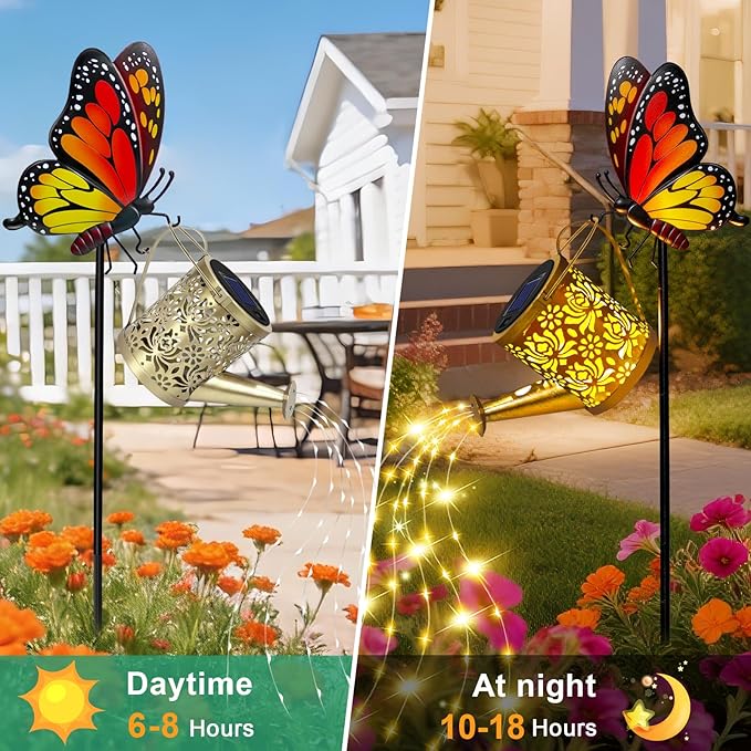 Solar Lights Outdoor Decorative, Watering Can with Cascading LED Lights on Butterfly Shepherd's Hook, Solar Garden Stake Decor for Yard, Mothers Day Gift for Women Mom