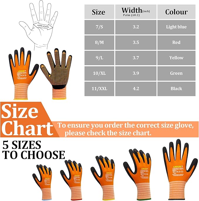 LOCCEF Work Gloves MicroFoam Nitrile Coated-6 Pairs,Endurance Seamless Knit Nylon,Dots on palm,Tacky Dot Grip Gloves,Orange