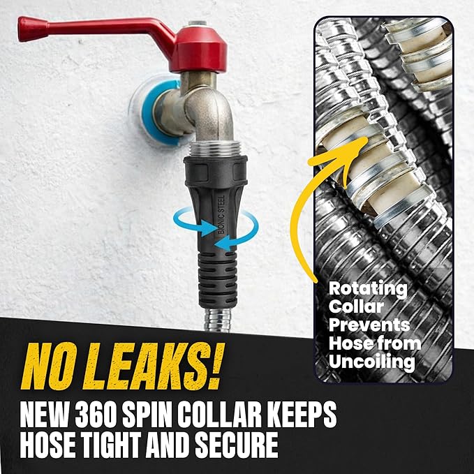 BIONIC STEEL 50 Ft Metal Garden Hose with Sprayer Nozzle, Non Kinking Designed Stainless Steel Heavy Duty Water Hose 50Ft x 5/8 in. Ultra Flexible NON Expandable for Uninterrupted Water Flow, 500 PSI