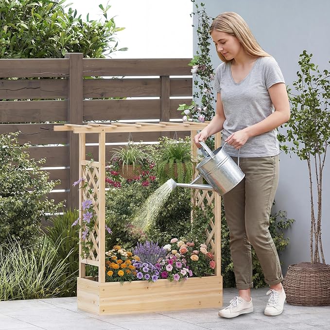 S AFSTAR Raised Garden Bed with Trellis, 2 Pieces Fir Wood Planter Box with Flat Roof & Drainage Holes, Vertical Planter Raised Bed for Climbing Plants, Flowers & Vegetables, 43" x 14" x 45" (Natural)
