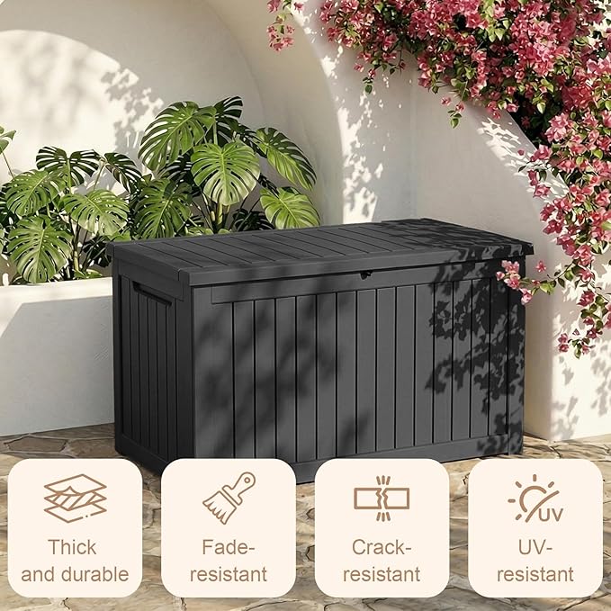 280 Gallon Outdoor Storage Deck Box Waterproof Resin Lockable Outside Bench Porch Patio Furniture Pool Float Garden Tool Cushion UV Resistant Bin Black