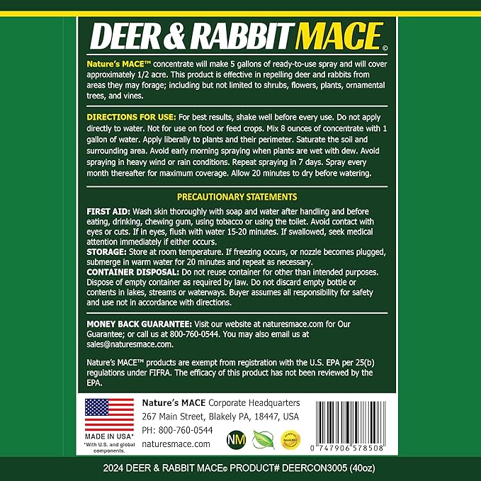 Nature’s MACE Deer & Rabbit Mace 40oz Concentrate Deer & Rabbit Repellent, Deer Repellent Spray for Plants, Lawns, Flowers & Gardens, Plant Safe Deer Spray, Protect Plants Fast, All-Season Protection
