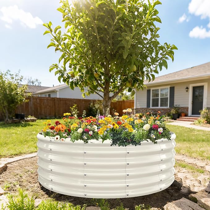17" Tall Round Outdoor Garden Raised Garden Bed Kits-0.8MM Thick Metal Raised Planter Bed/Ground Planter Box for Variety of Flowers,Herbs,Vegetables,Trees (Cream White, 48 Dia X 16.5inches)