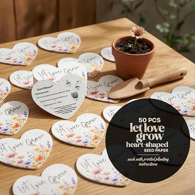 50pcs Large Love Heart Seed Paper – Plantable & Writable Wildflower Seed Paper, Gift for Mom This Mother’s Day, Use for Shower Favors, Weddings, Heart Party Favors or Life Events