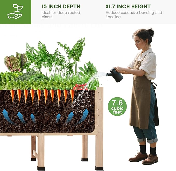 AMERLIFE 4x2 Ft Raised Garden Bed with Legs and Drainage Holes, 16 Inch Deep Elevated Wood Planter Box for Vegetables, Flowers, Herbs, Balcony, Patio, Backyard