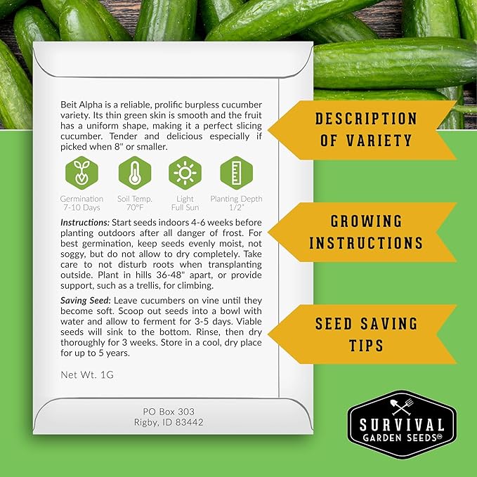 Beit Alpha Cucumber Seeds for Planting | Crisp Burpless Variety with Smooth Skin – Heirloom, Non‑GMO – Survival Garden Seeds (5 Packs)